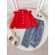 Red Ruffle Shirt Set Embroidery Ribbon Denim Pants