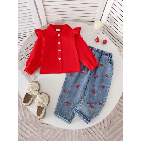 Red Ruffle Shirt Set Embroidery Ribbon Denim Pants
