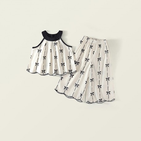 White Black Little Ribbon Top Set Pants