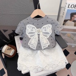 Grey Lace Ribbon Top Set White Lace Skirt