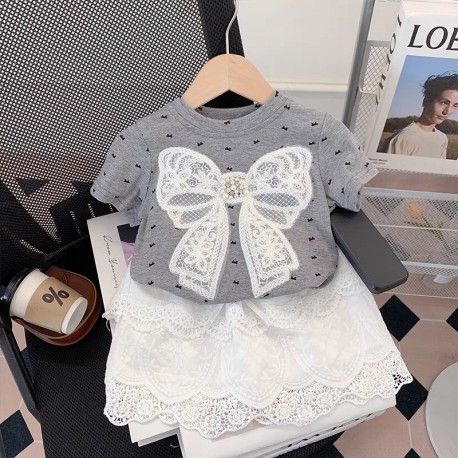 Grey Lace Ribbon Top Set White Lace Skirt