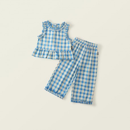 Blue Plaid Ruffles Top Set Pants