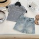 Grey Rhinestones Top Set Denim Skirt