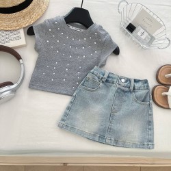 Grey Rhinestones Top Set Denim Skirt