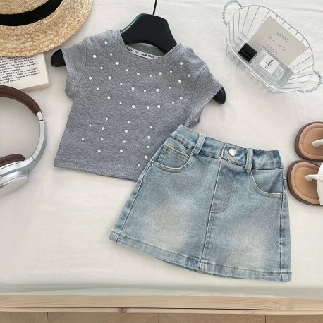 Grey Rhinestones Top Set Denim Skirt