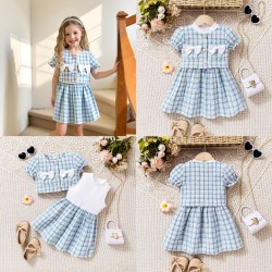 Blue White Two Ribbons Tweed Dress Set Outer