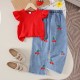 Red Ruffle Top Set Cherry Denim Pants