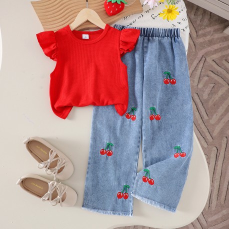 Red Ruffle Top Set Cherry Denim Pants