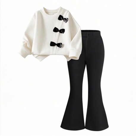 White Ribbon Top Set Black Pants