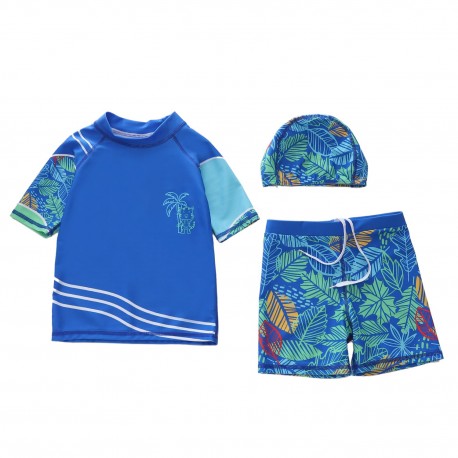 3in1 Blue Palm Tree Top Short Hats Swimsuits