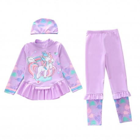 3in1 Purple Unicorn Ruffles Swimsuits + Hat
