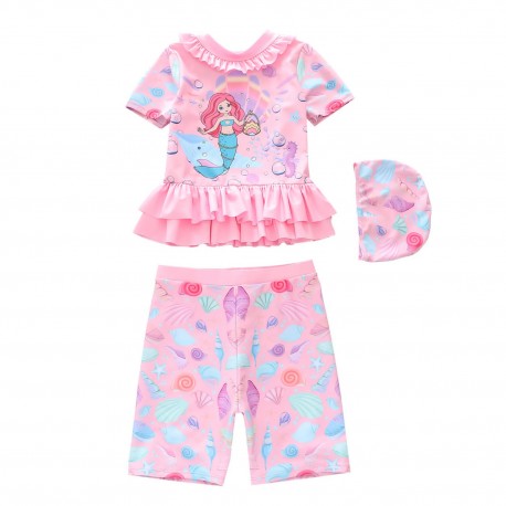 3in1 Pink Mermaid Ruffles Swimsuits + Hat