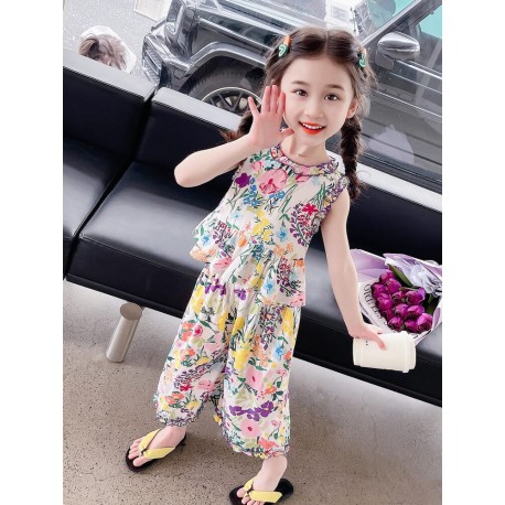 Rainbow Floral Ruffles Top Set Pants
