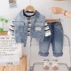 3in1 White Black Stripe Tee Set Denim Vest and Pants