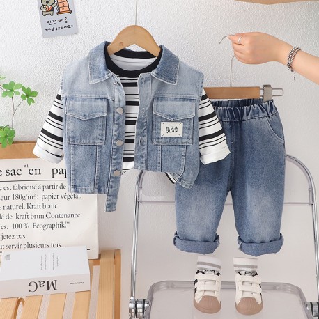 3in1 White Black Stripe Tee Set Denim Vest and Pants