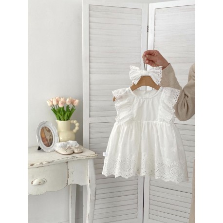 White Eyelets Baby Dress with Ribbon Headbands