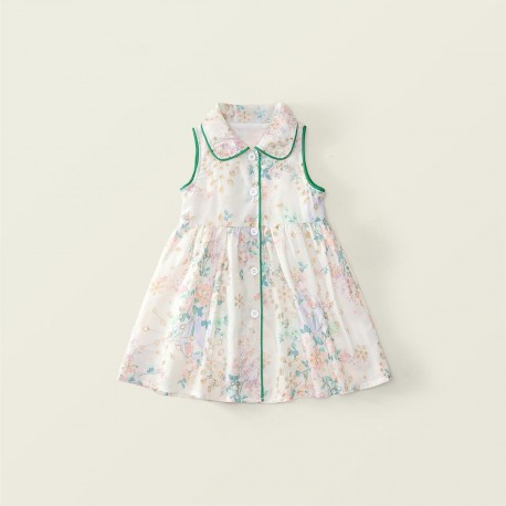 White Green Floral Eyelets Dress