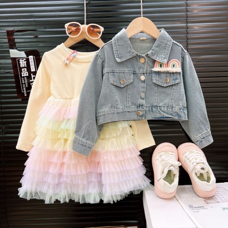 2in1 Rainbow Denim Jacket Set Layered Tutu Dress