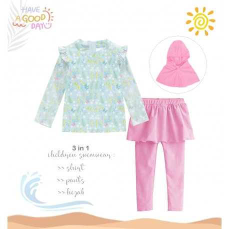 3in1 Light Blue Floral Ruffles Swimwear