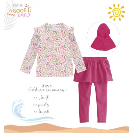 3in1 Pink Floral Ruffles Swimwear