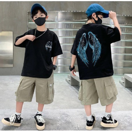 Black Back Wings Top Set Cream Cargo Pants