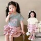Grey Ribbon Pearl Top Set Ruffles Skirt