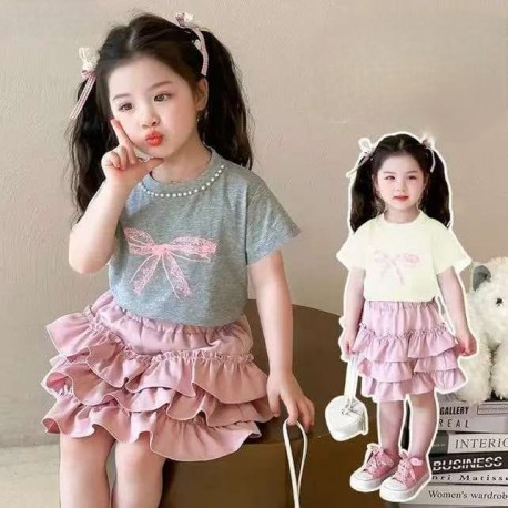 Grey Ribbon Pearl Top Set Ruffles Skirt