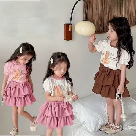 Cream Cute Bear Puffy Top Set Brown Layered Skirt