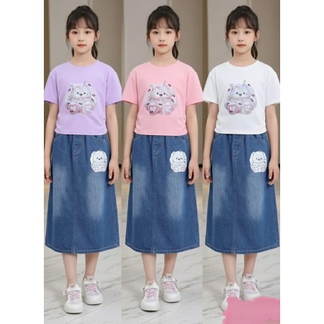 White Bunny Top Set Denim Skirt