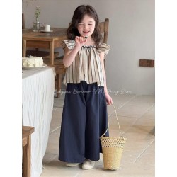 Cream Stripe Ruffles Top Set Navy Wide Pants