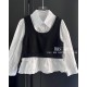 2in1 White Ruffle Shirt Set Black Ribbed Outer