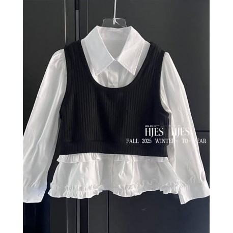 2in1 White Ruffle Shirt Set Black Ribbed Outer
