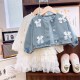 2in1 White Ruffles Dress Set Four Ribbons Denim Jacket