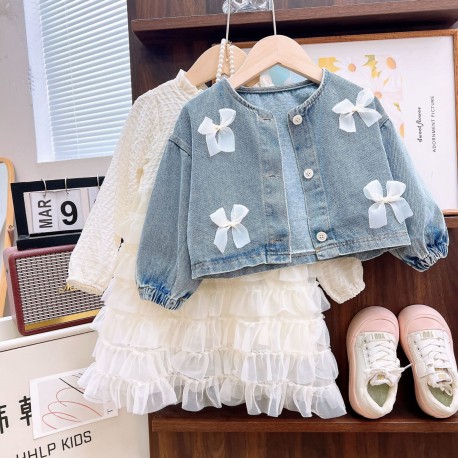 2in1 White Ruffles Dress Set Four Ribbons Denim Jacket
