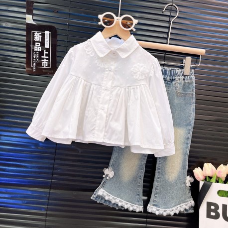 White Floral Peplum Top Set Denim Pants