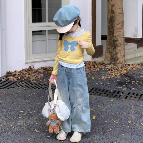 Yellow Ribbon Top Set Plaid Tank and Denim Pants