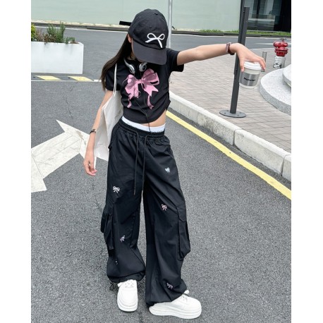 Black Ribbon Embroidery Wide Cargo Pants