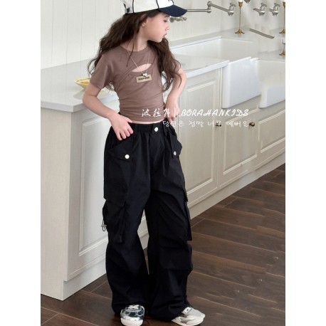 Black Triangle Pockets Button Cargo Pants