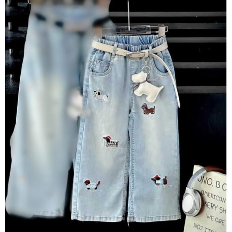 Dogs Embroidery Denim Pants(no belt)