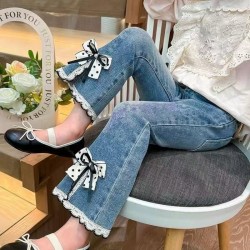 Polka Ribbon Lace Denim Pants