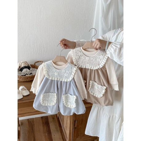 Brown Sweet Ribbed Lace Dress