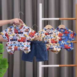 Blue Fire Truck Shirt Set Denim Pants