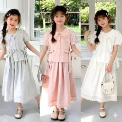 Blue Two Ribbon Top Set Lace Skirt