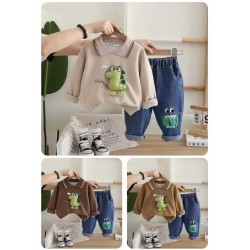 Cream Puffy Dinosaurs Top Set Denim Pants