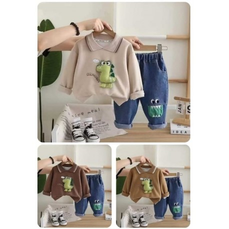 Light Brown Puffy Dinosaurs Top Set Denim Pants