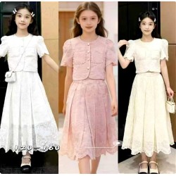 White Lace Pocket Button Top Set Pleated Skirt