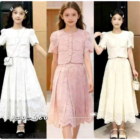 White Lace Pocket Button Top Set Pleated Skirt
