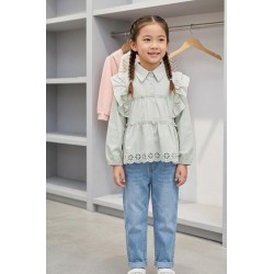 Pastel Green Flowers Laser Cut Ruffles Shirt