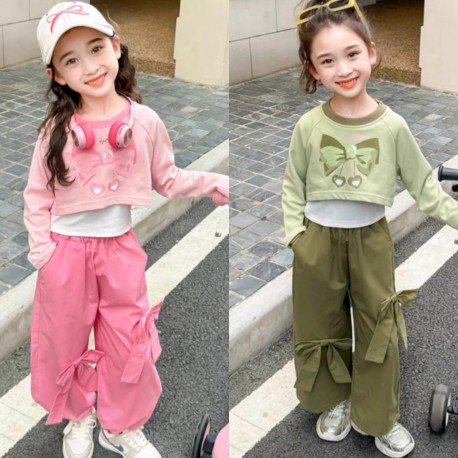 Green Cherry Ribbon Top Set Pants