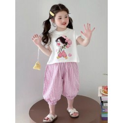 Cute Girl Back Ribbon Top Set Plaid Pants
